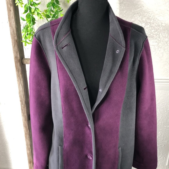 Susan Graver Fleece Purple Gray Long Button Up Coat Color. Block Trench Coat - Picture 10 of 16
